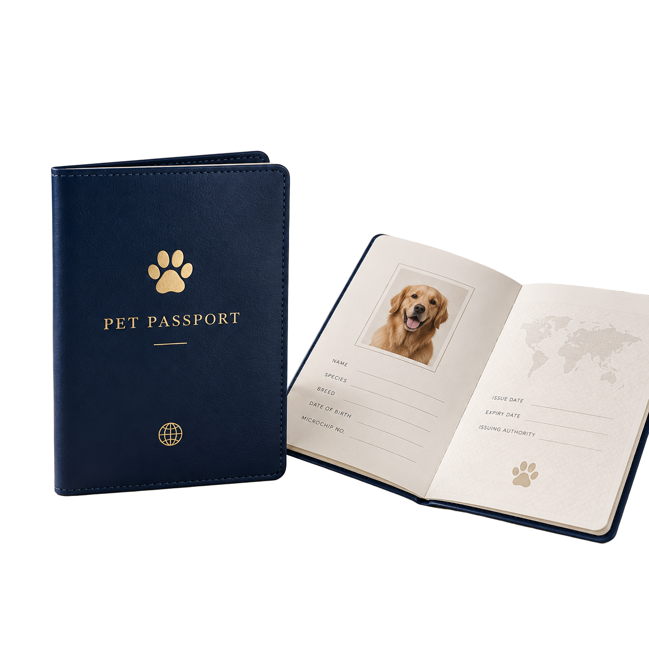 Passaporte Pet azul-marinho com detalhes dourados, fechado e aberto em uma página personalizada