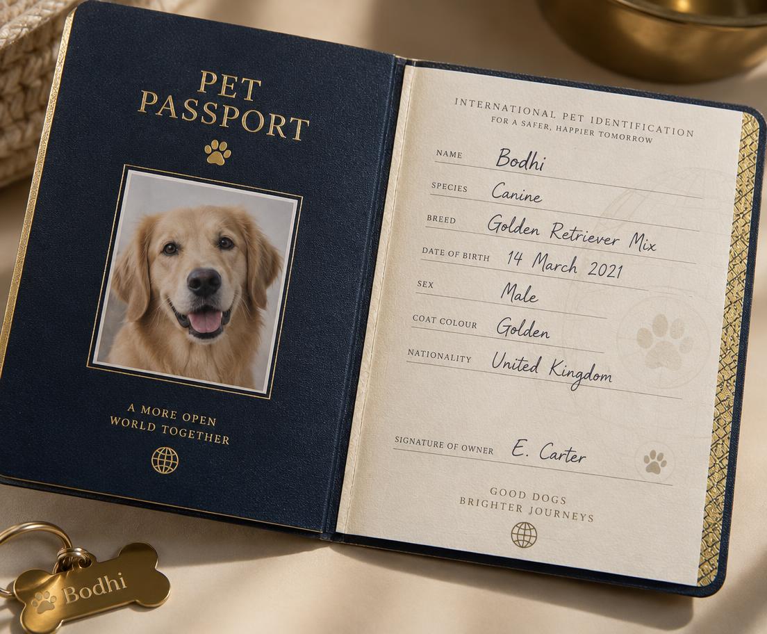 Página de identificação personalizada com foto e dados fictícios de um cachorro
